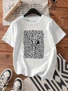 Women's Cute Owl In Tree Graphic T-Shirt - Soft Stretchy Casual Everyday Tee - Lightweight Summer Top - White Shirt With Owl & Branches Design - Machine Washable Everyday Outfit Essential, Relaxed Style