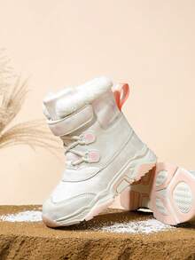 1 Pair Girls' Warm Thermal-Lined High-Top Snow Boots, Windproof, Anti-Slip, Durable, Pink, Suitable For Winter - White - View 3