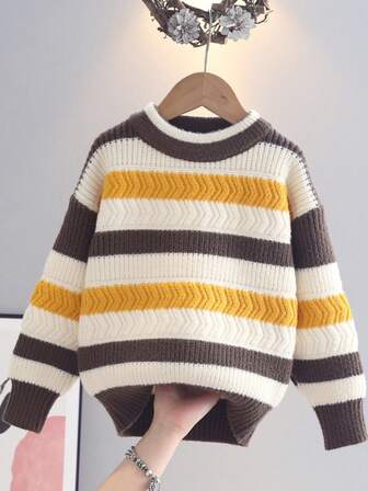 Young Boy Knitted Striped Sweater, Warm For Autumn/Winter