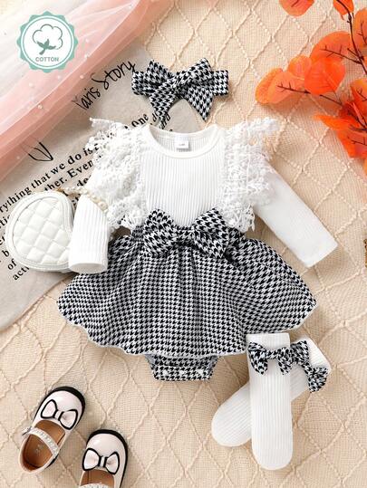 3pcs/Set Casual Elegant Sweet Cute Baby Girl Autumn/Winter Dress Bodysuit, Soft & Breathable, Bow Decor, Lace Trim, Houndstooth, Ruffle Hem