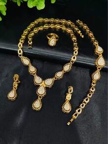 1 Set 5pcs Women's Fashion Jewelry Set: 1 Necklace, 1 Pair Earrings, 1 Bracelet, 1 Ring, Rhinestone Teardrop Design, Gold Color, Suitable For Wedding, Party, Date, Daily Wear - Yellow Gold - View 2