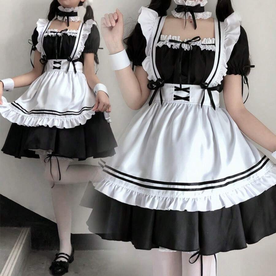 Anime French Maid Apron Lolita Masquerade Costume Gloves Socks Set - 黑色 - 查看 1