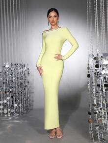 Neues modisches funkelndes Strass-Dekor Laptop Nieten Diagonale Schulter Sexy Schlitz Bandage Kleid, elegantes Abendkleid für Damen für Hochzeit, Party, Urlaub - Hellgelb - Übersicht 3