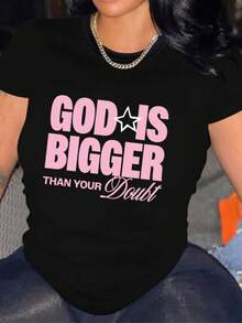 Mujer Camiseta de mujer México Envío Tela transpirable de alta calidad  Estampado de  Lavado a máquina Fresco Deportes Cuello redondo Casual Manga corta Versátil Nueva Era  Lavable a máquina, top casual de cuello redondo de deportes de trabajo estudiantil, moda cómoda y moderna |vestidos de mujer verano almacen localCamiseta de  de manga corta con estampado de letras en color rosa y estrella blanca - Negro - Ver 1
