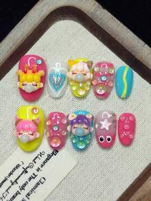 10pcs Handmade Wearable Nail Stickers, 3D Colorful Bubblegum Girl Pattern, Bright & Cheerful, Adorable & Charming, Gift For Girls, Reusable, Press-On Acrylic Nail Art Decals, Cute Nail Accessories - Multicolor - View 4