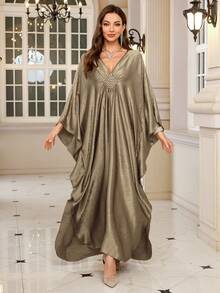 Elegant Women's Champagne Satin Kaftan Dress, Batwing Sleeve Casual Loungewear Spring - Rượu sâm banh - Xem 1