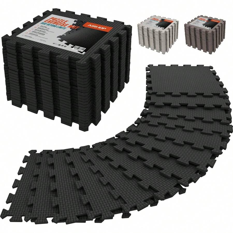 AIRHOP 18 Tiles Gym Floor, EVA Foam Puzzle Gym, High-Density Interlocking Foam Floor Tiles Home Gym, Workout Garage Kitchen Flooring - 黑色 - 查看 1