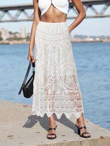 Women's Summer A-Line Skirt Long Crochet Boho Flowy Skirt For Travel, Beach, Shopping - trắng - Xem 1