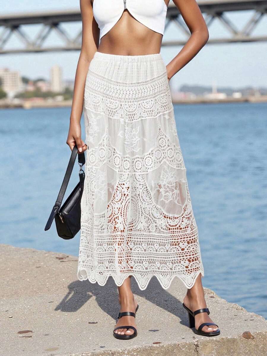 Women's Summer A-Line Skirt Long Crochet Boho Flowy Skirt For Travel, Beach, Shopping - trắng - Xem 1