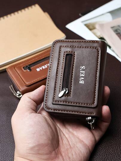 EIGIIS 1 pieza Billetera de estilo empresarial para hombres de piel de PU con ranuras de acordeón para tarjetas, monedero con cremallera de unicolor, estuche para tarjetas multifunción y monedero