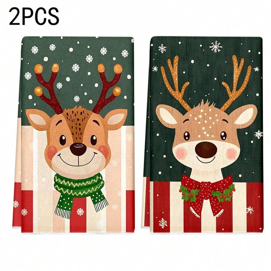 1set/2pcs/100pcs Christmas Deer Pattern Kitchen Rags And Dish Towels, Suitable For Interior Decoration In Restaurants, Kitchens, Bathrooms, Party Decorations, And Can Be Used As Holiday Gifts - Multicolor - View 1