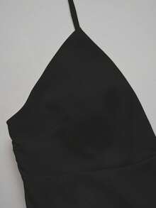 女士缎面 V 领优雅夏季长裙、丝质睡裙、节日派对生日正式场合连衣裙 - 黑色 - 查看 4