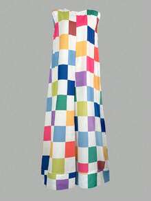 大码女式彩色格子印花无袖连体裤 夏季 - 彩色 - 查看 3