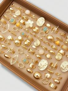 15/5/7/8pcs Set Asymmetrical Hollow Heart Rhinestone Faux Gemstone Star Burst Design Chunky Rings, Cute Stackable Fashionable Elegant Vintage Style, Suitable For Holiday, Party, Date, Daily Wear, Gift - Gold - View 4