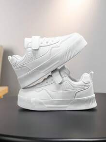 Kids White Thick Sole Sneakers, Hook And Loop Design Easy On/Off Casual Trainers, Suitable For Daily Wear & Outdoor Sports, Boys & Girls