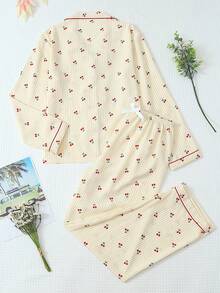 2pcs Women Comfortable Yellow & White Striped Cherry Print Pajama Set, Long Sleeve Button Collar Top And Pants, Casual Sleepwear For Home Use, Autumn/Winter, Fall Clothes