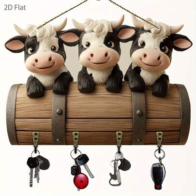2D Flat, 2D Flat 2D Flat, 1pc 3-Head Cow Wooden Multi-Function Home Key Holder Rack For Wall Mount, 11.8x9 Inches, With 4 Metal Hooks, Entryway Decor And Wall Decor, Functional Key Organizer And Small Item Display, Rustic Farmhouse Style, Ideal For Hallway, Living Room, Kitchen, And Mudroom