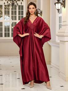 Elegant Women's Burgundy Satin Kaftan Robe, Batwing Sleeve Casual Dress Eid Spring - Màu Đỏ Sâu - Xem 5