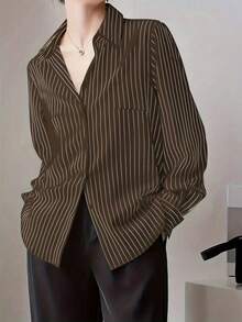 Áo sơ mi nữ cỡ lớn kẻ sọc dáng casual cổ bẻ, thích hợp mặc đi làm, mùa xuân/hè. - Màu nâu Sô-cô-la - Xem 2