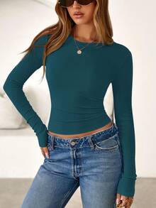 Women Spring And Fall Long Sleeve Shirts Ribbed Crewneck Fitted Basic Tee Going Out Tops Casual Workout Vacation Outfits - 孔雀藍 - 查看 4