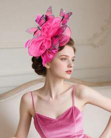 Organza Fascinators Hats - Monarch Tea Party Hat With Hairpin, 2025 Derby Headwear - 玫紅色 - 查看 3