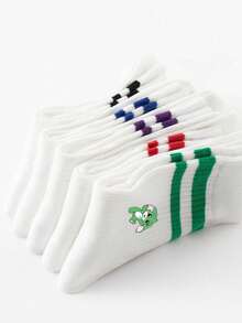 5 Pairs Kids Colorful Double Bar White Sports Mid-Calf Socks, Cute Cartoon Blue Rabbit & Tao Tao Pattern, Fashionable & Versatile, Skin-Friendly Soft Breathable Casual Sports Socks, Suitable For Back To School, Daily Wear, Holidays, Travel, Back To School Season - Multicolor - View 4
