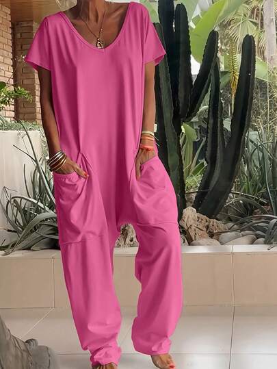 1pc Solid Color Knit Fabric Jumpsuit With Pockets, Suitable For Holiday, Daily Wear, Birthday Party, Back To School Party, Singles Party, Travel, Summer