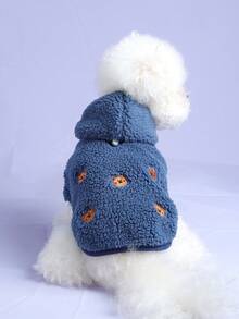 1pc Pet Clothes, Dog/Cat Apparel For Small Dogs/Puppies, Cute Happy Puppy/Kitten Outfit, Warm Fleece Hooded Jacket For Small Dogs, Blue