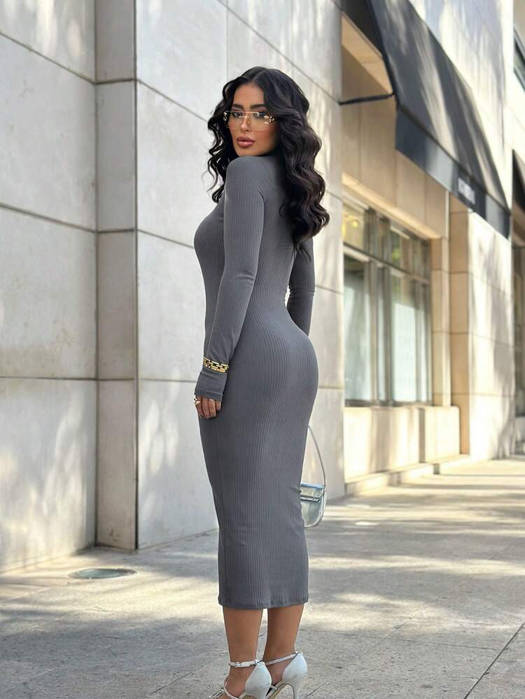 Premium Ribbed Long Dress With Open Shoulder And Long Sleeves - Màu xám đen - Xem 4