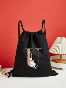 Drawstring Backpack Sports Backpack Women Drawstring Shoe Bags For Travel Storage Bags Rose Gold Initials Name Letter Pattern Gym Bags Lightweight Drawstring Bag Travel Bags Cloth Bags Dust Storage Pouch For Outdoor Duffle Sports Bag Schoolbag Bundle Tote Bag For Student Sports Back Pack Latter Print - Black - View 6