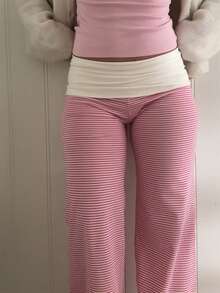 Fold Over Yoga Pants For Women Elastic Waist Low Rise Straight Wide Leg Sweatpants Y2k Color Block Flare Yoga Lounge Leggings Stretchy Loose Gym Pants Back To School Clothes For Teen Girls - Hồng - Xem 6