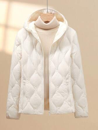 Women's Lightweight Down Jacket, Minimalist Warm Hooded Zipper Coat