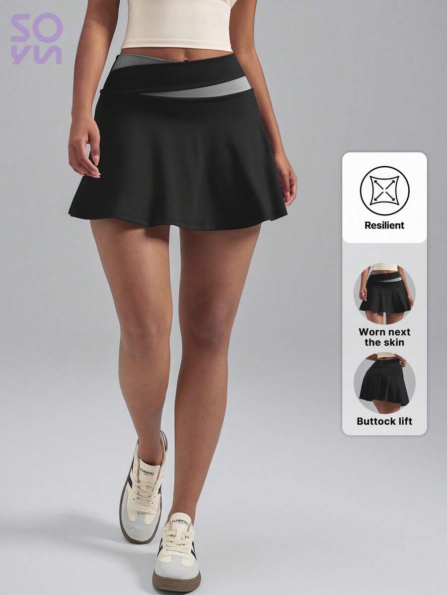 Soyun Falda pantalón deportiva de unicolor 2 en 1 ligera, adecuada para actividades al aire libre, viajes y gimnasio, color negro, verano