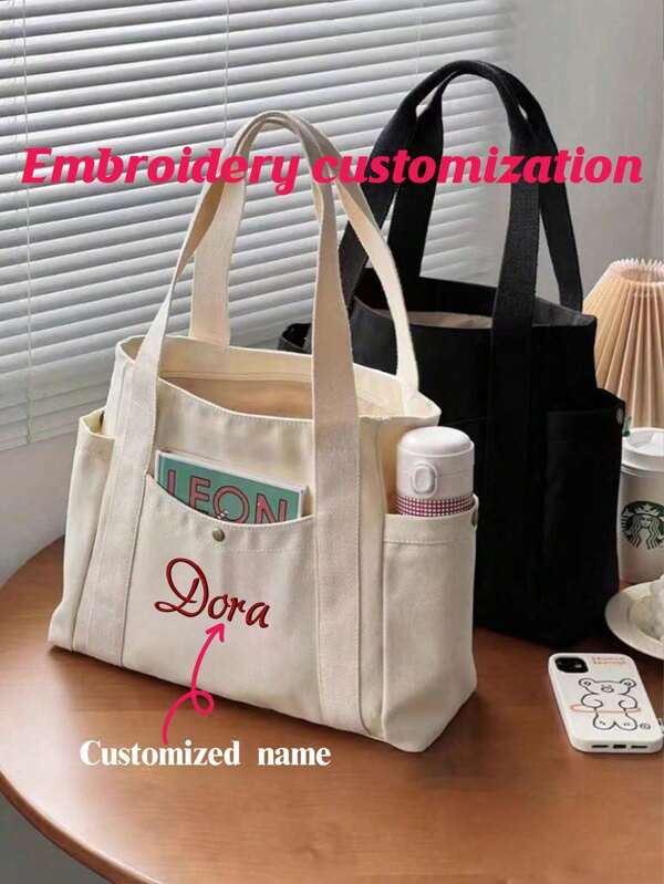 1pc Customized Embroidery Name Tote Canvas Bag, Commute Versatile Student Shoulder Bag, Large Capacity Laptop Tote Bag, Fashionable Crossbody Bag, Casual Travel Handbag, Independence Day Pattern Birthday, School Supplies, For Teenagers, Junior High School Students, Middle School Students, High School Senior High School Students, College Students, University Students, Freshman, Sophomore, Underclassmen,Delicate Romance,Bags & Luggage,Customized Women Shoulder Bags