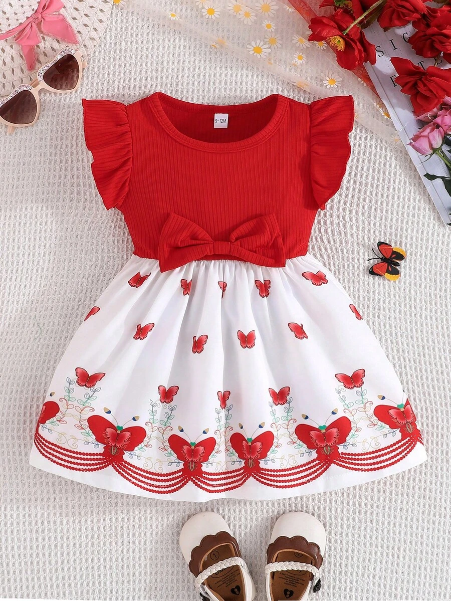 Đầm ngắn tay mùa hè cho bé gái, in hình bướm, thắt nơ dễ thương. - Đỏ - Xem 1