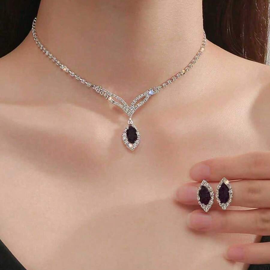 1 套方晶锆石流苏项链和耳环首饰套装，新娘婚礼配饰 - 黑色 - 查看 1