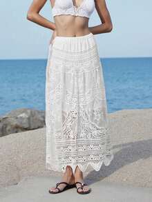 Women's Summer A-Line Skirt Long Crochet Boho Flowy Skirt For Travel, Beach, Shopping - trắng - Xem 6