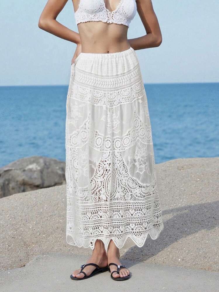 Women's Summer A-Line Skirt Long Crochet Boho Flowy Skirt For Travel, Beach, Shopping - trắng - Xem 6
