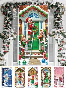1pc Winter Snowman Blue Door Decor Set, Pine Tree Lantern Snowflake Front Door Hanging Banner Background, Christmas Seasonal Indoor Outdoor Home Decor, Christmas Decoration, Made Of Polyester, Suitable For Christmas Party Decor, Holiday Party Supplies, Photo Prop, New Year, Christmas Christmas Decorations Room Decor - Multicolor - View 9