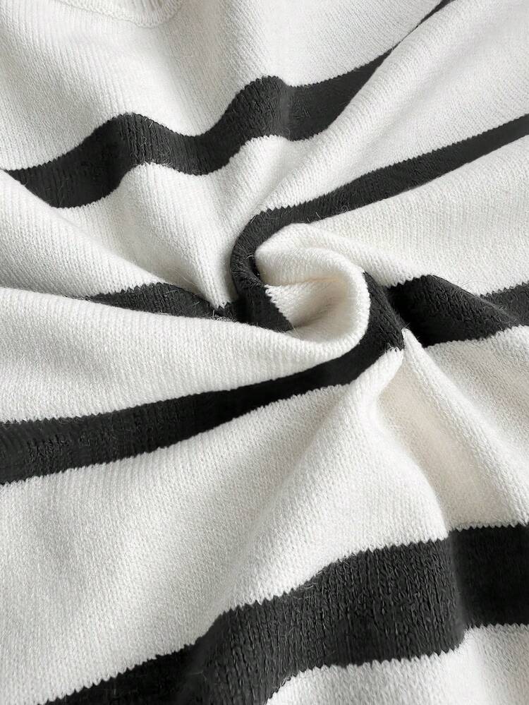 Suéter de punto de manga larga con cuello polo a rayas y contraste de color, estilo retro, para primavera y otoño. Blusa holgada con media abertura delantera, estilo vintage, para Año Nuevo - Blancanieves y Negro - Añade 4