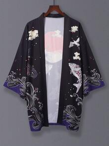 Vintage Chinese Style Good Luck Carp Print 3/4 Sleeve Hanfu Robe, Casual Loose Kimono Cardigan Jacket, Lightweight For Spring & Summer, Unisex Couple Travel Outerwear, Performance Costume - Black - View 3