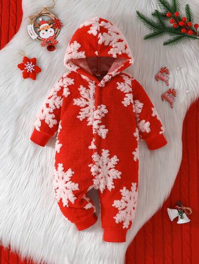 Baby Girls Coral Fleece Long Sleeve Bodysuit, Newborn Fashion Casual Bodysuit With Hood, Long Sleeve & Pants, Baby Girl Cartoon Playsuit, Cute Casual Outerwear, Suitable For Christmas Holiday Party