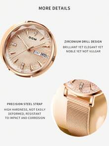 DOM 1 pieza Reloj de mujer de acero inoxidable con banda de oro rosa, elegante, de cuarzo, con calendario, indicador de semana, resistente al agua, adecuado como regalo para la novia - Oro rosa - Ver 5