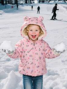 Young Girl Hooded Long Sleeved Warm Zipper Warm Winter Cartoon Rabbit Flower Pattern Padded Coat - Pink - View 1