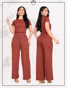 Women's Set Loose Pants Short Sleeve Blouse Elegant Casual Elegant Party Office Work Pantaloons - 酒紅色 - 查看 6