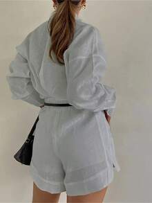 1 套女士优雅纯色领口长袖短裤，120G 机织面料，简约办公室穿着，高品质 - 灰色 - 查看 4