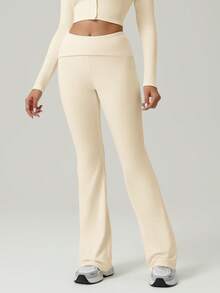 GOSOUER 女士亲肤高弹力翻边腰休闲运动瑜伽紧身喇叭裤