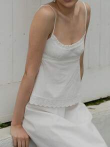 Womens Tops Y2k Crop Tops Stylish Lace Patchwork Hem Floral Embroidery Camisoles Vintage Solid Color Eyelets Spaghetti Strap Tank Tops Boat Neck Loose Fit Cami Tops Summer Casual Daily Vests Beach Vacation Clothes Streetwear Aesthetic Clothes - trắng - Xem 3