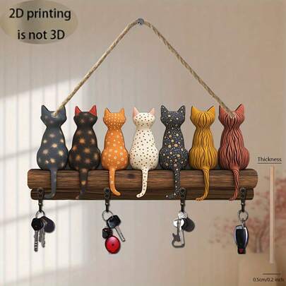 1 pezzo Portachiavi a parete in legno piatto 2D a forma di gatto fantasioso, semplice e colorato, con quattro ganci in metallo, decorazione da parete