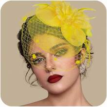 Fascinators Hats Women Tea Party Hat Mesh Headband Vintage Lace Cocktail Headwear Hair Clip Church - 黃色 - 查看 1